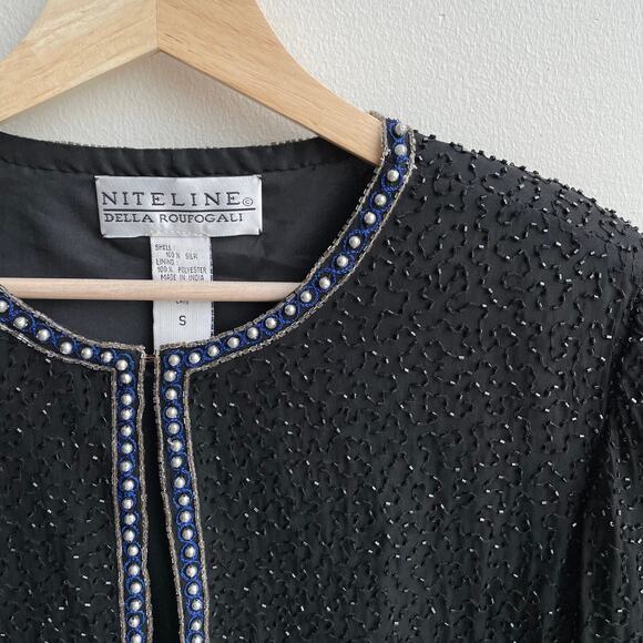 90s Vintage Beaded 100% Silk Evening Jacket Size S Black Blue Party Glam - Picture 12 of 15